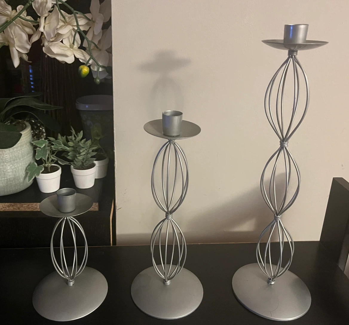 Silver metal wire candlestick holders set of 3 - photo 2