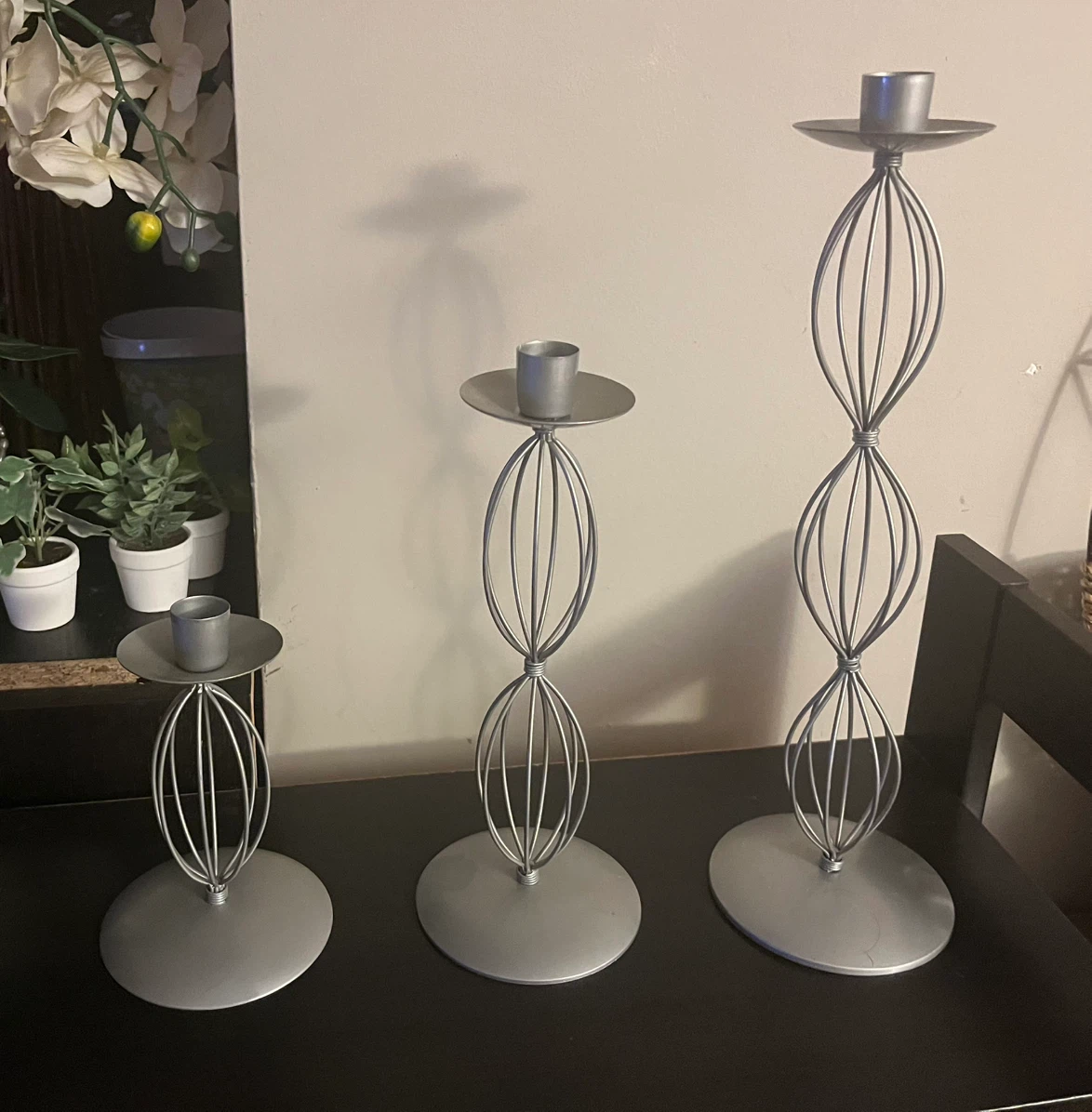 Silver metal wire candlestick holders set of 3 - photo 3