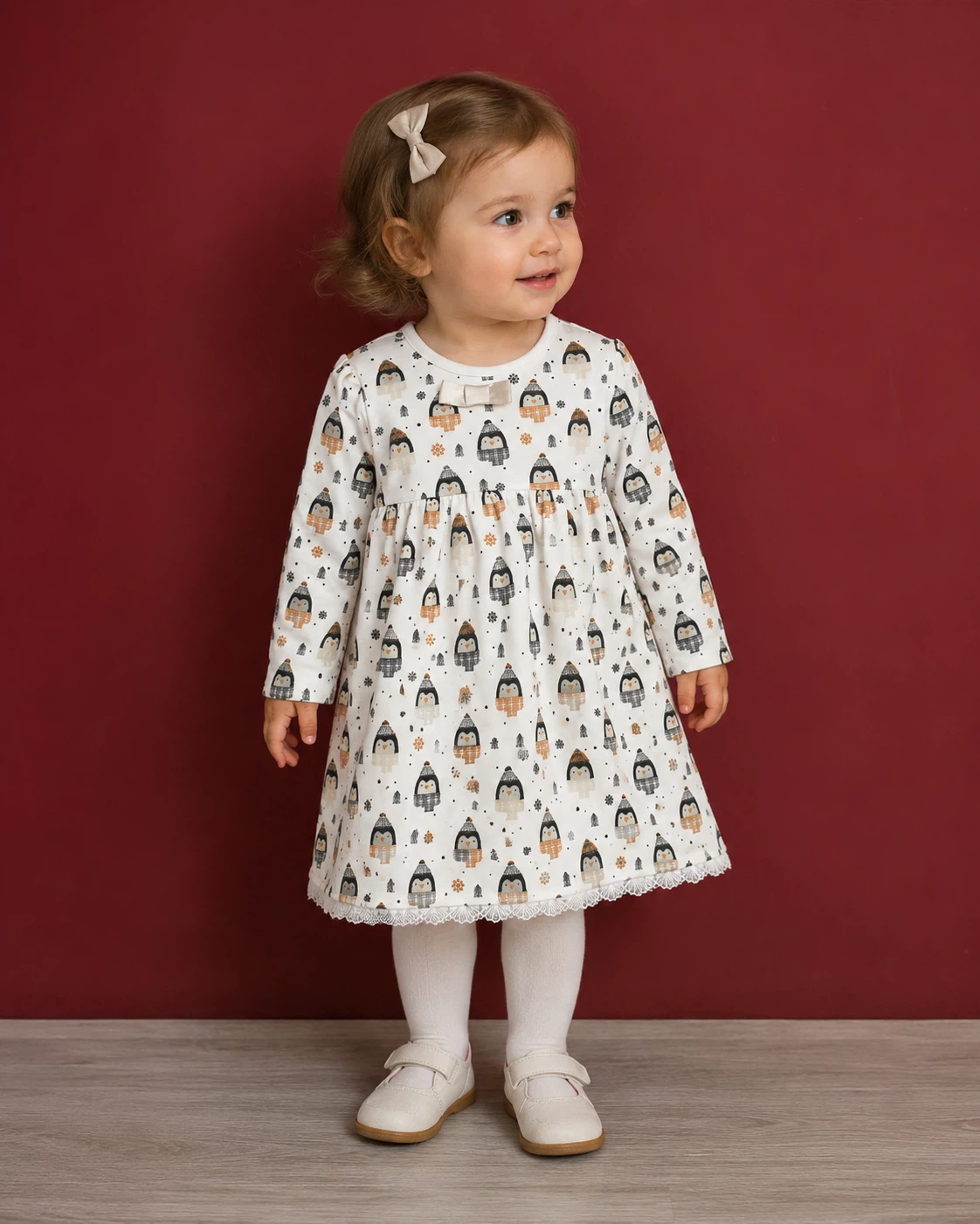 Girls’ Warm Cotton Penguin Dress – Size 92 cm (1,5-2,5Y)