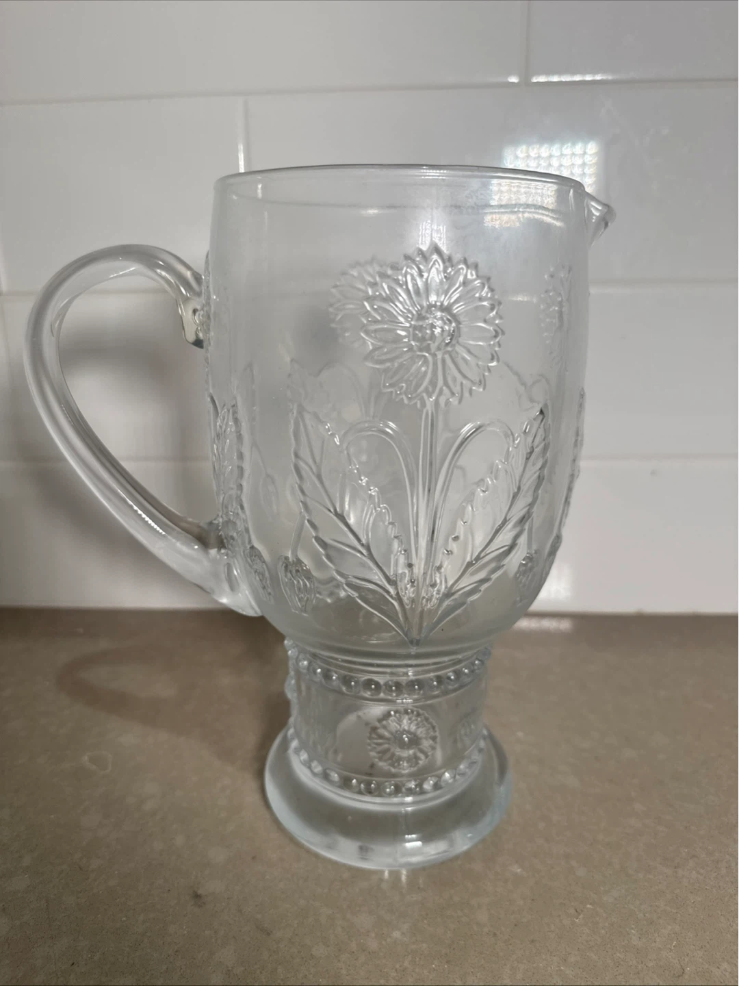 Glass Pitcher with Embossed Flowers