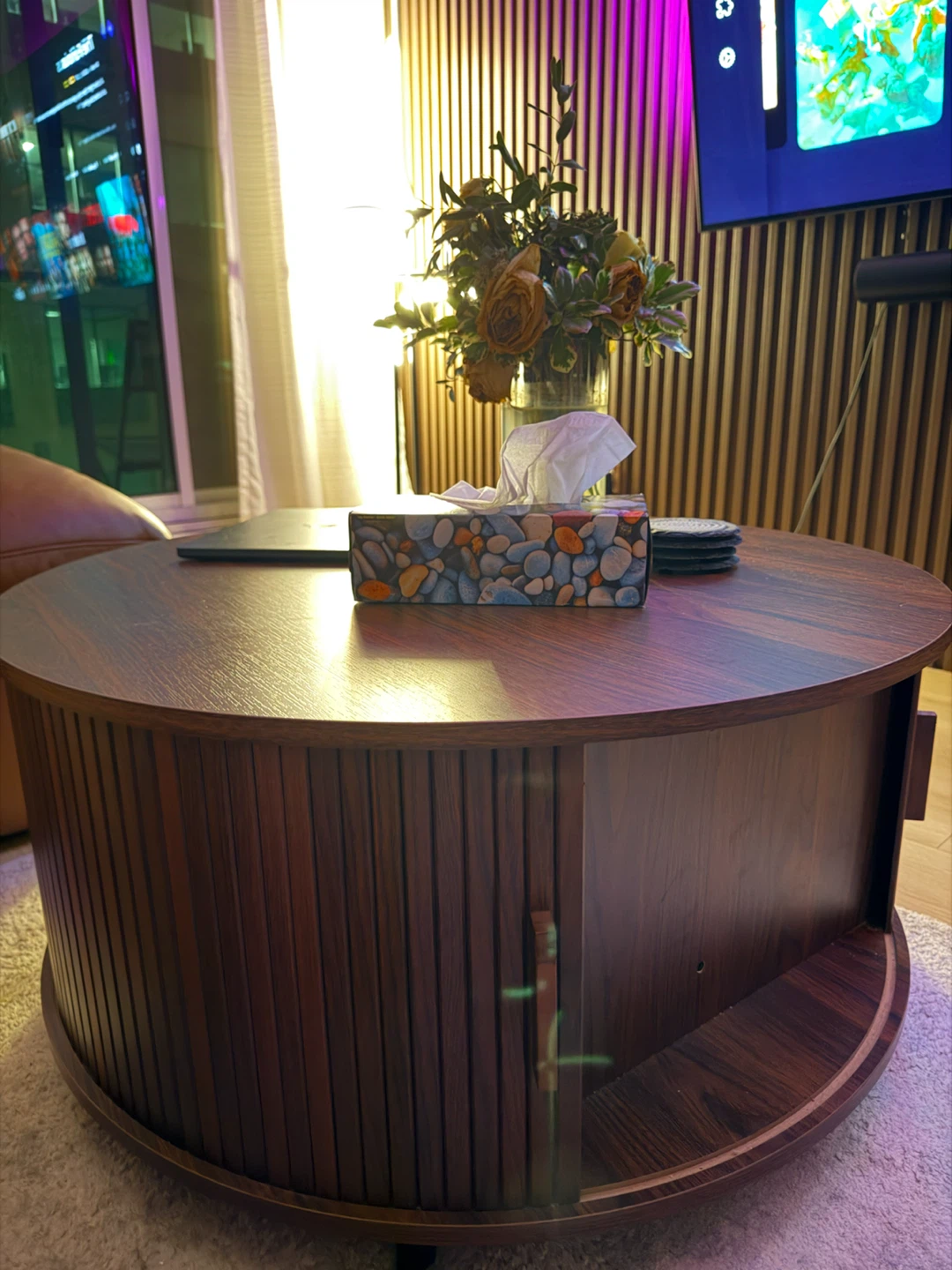 Round Wood Coffee Table with Storage