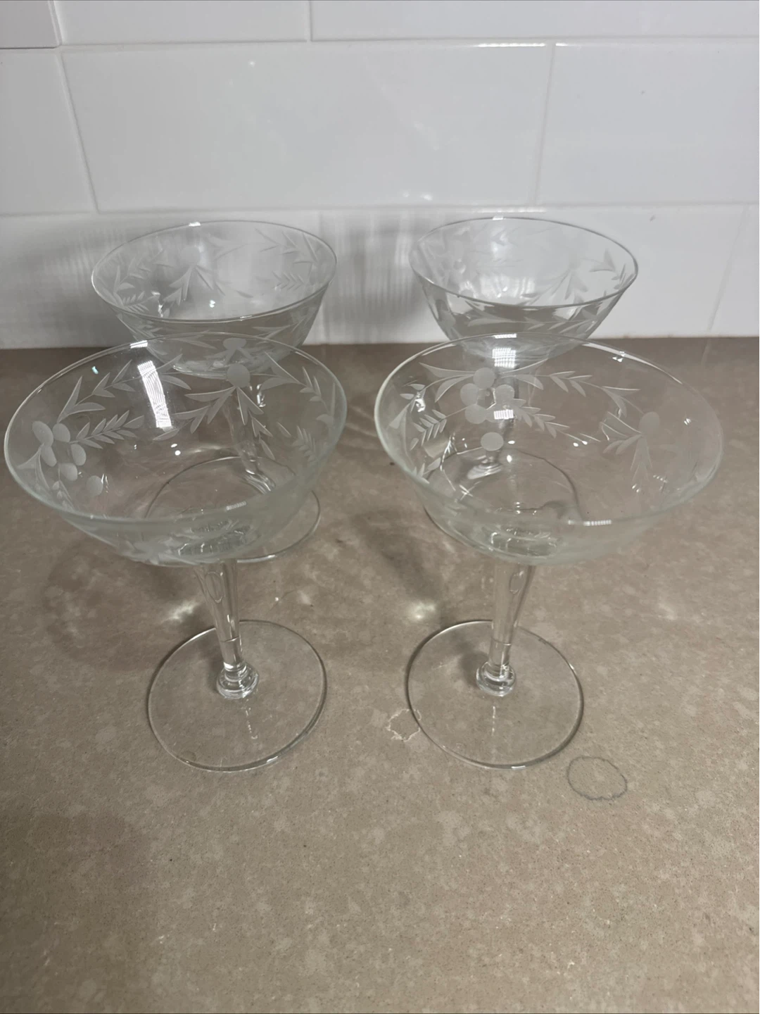 Set of 4 Etched Glass Coupe Glasses