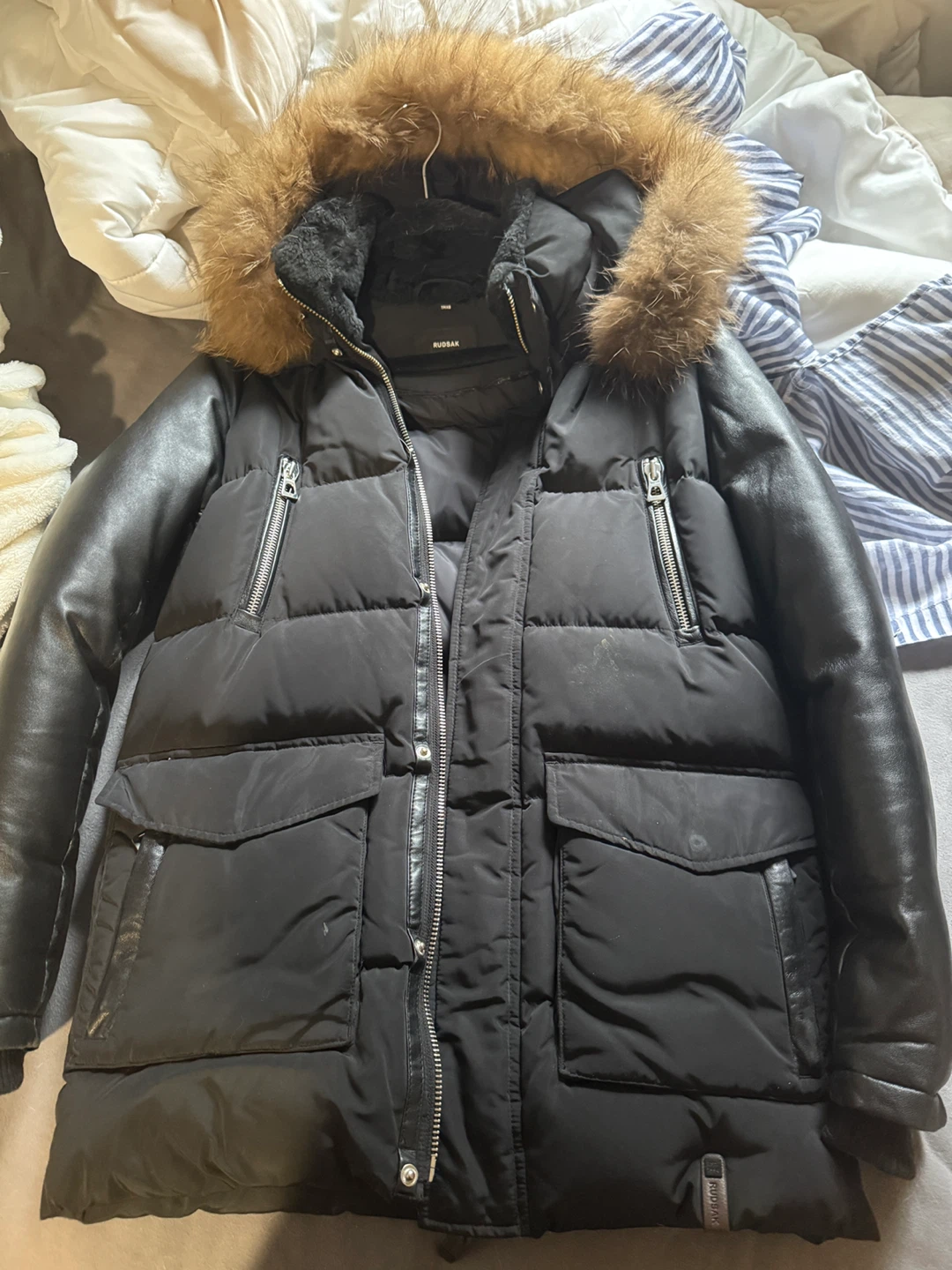 RUDSAK Black Down Puffer Jacket with Leather Sleeves