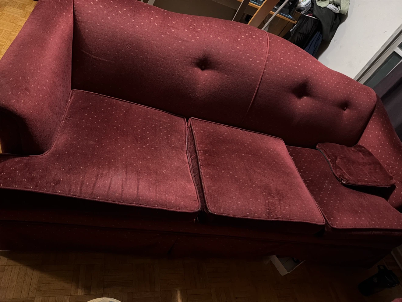Maroon Tufted Sofa moving sale - photo 2