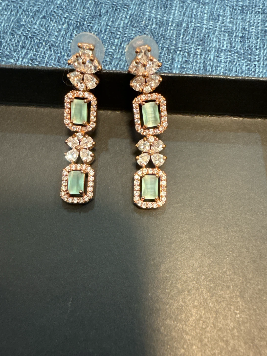 Rose Gold Tone Dangle Earrings with Green Stone