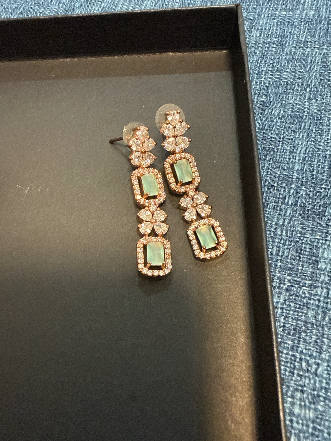 Rose Gold Tone Dangle Earrings with Green Stone - photo 2