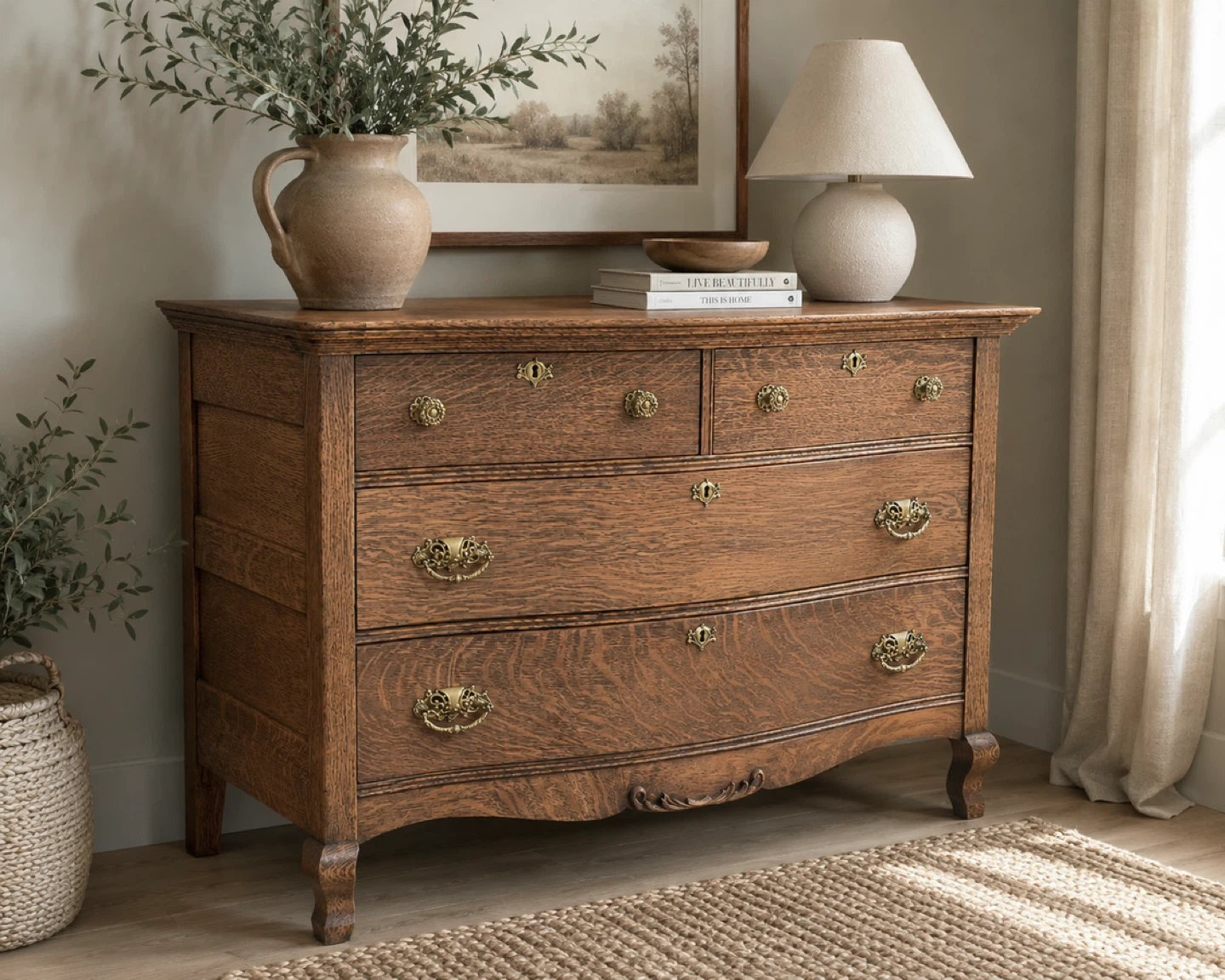 ✨ Antique Quarter-Sawn Tiger Oak Serpentine Dresser - photo 2