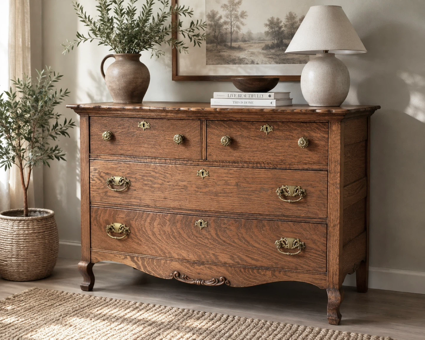 ✨ Antique Quarter-Sawn Tiger Oak Serpentine Dresser - photo 3