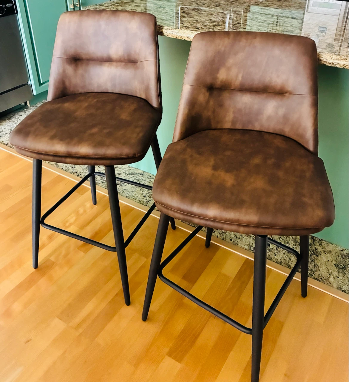 Pair of Brown Faux Leather Bar Stools, 360 swivel, brand new