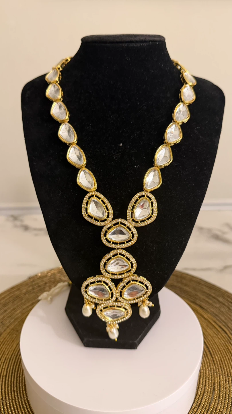 Gold Tone Statement Necklace with Clear Stones and Pearls