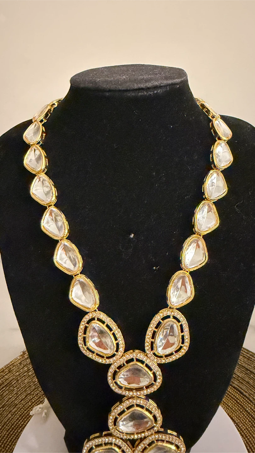 Gold Tone Statement Necklace with Clear Stones and Pearls - photo 2