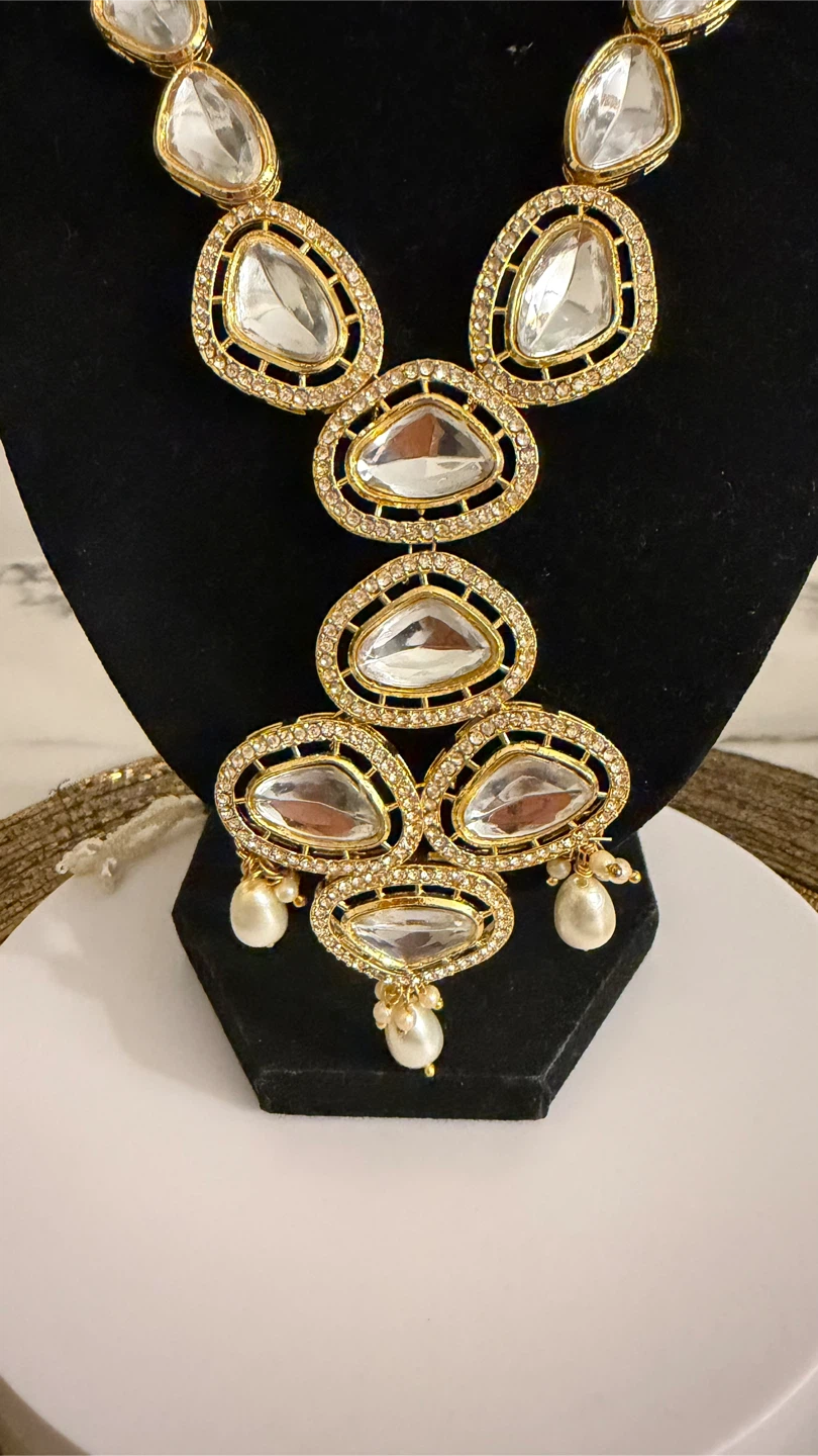 Gold Tone Statement Necklace with Clear Stones and Pearls - photo 3