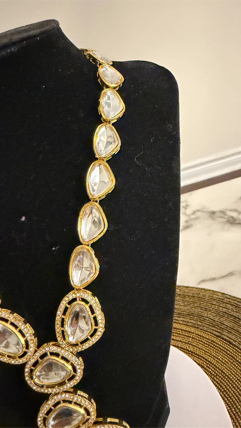 Gold Tone Statement Necklace with Clear Stones and Pearls - photo 4