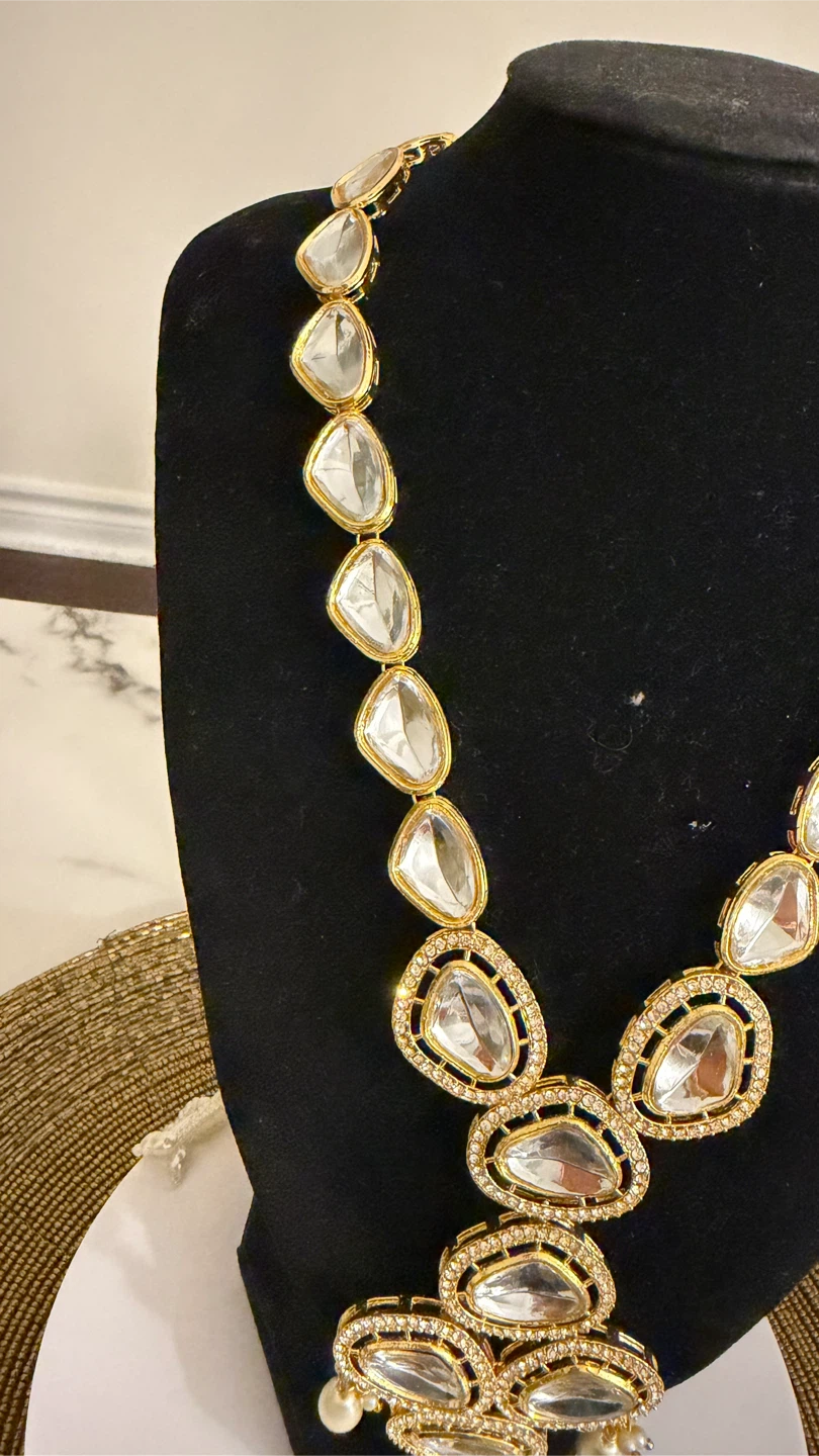 Gold Tone Statement Necklace with Clear Stones and Pearls - photo 5