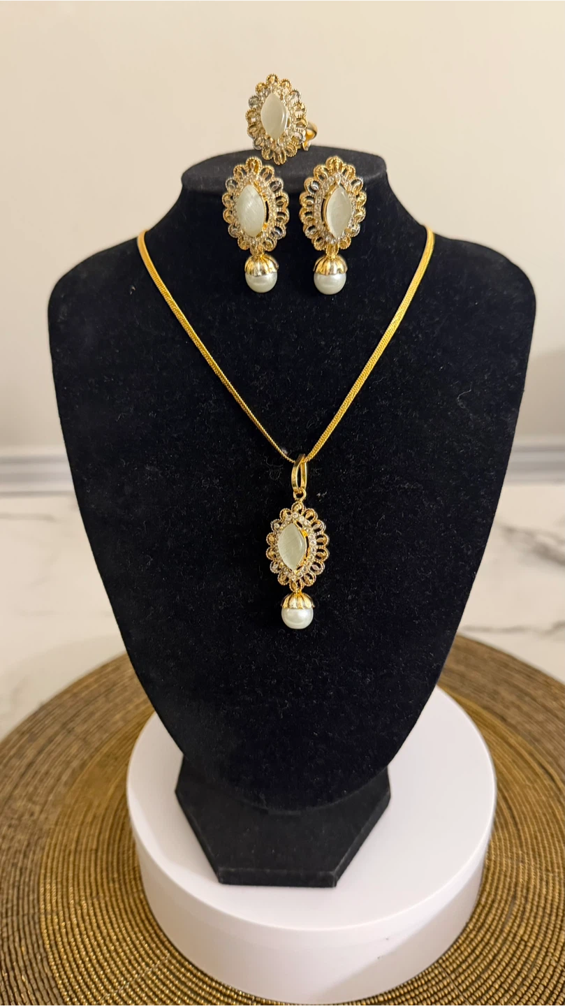 Gold Tone Necklace, Earrings, and Ring Set with White Stones - photo 2