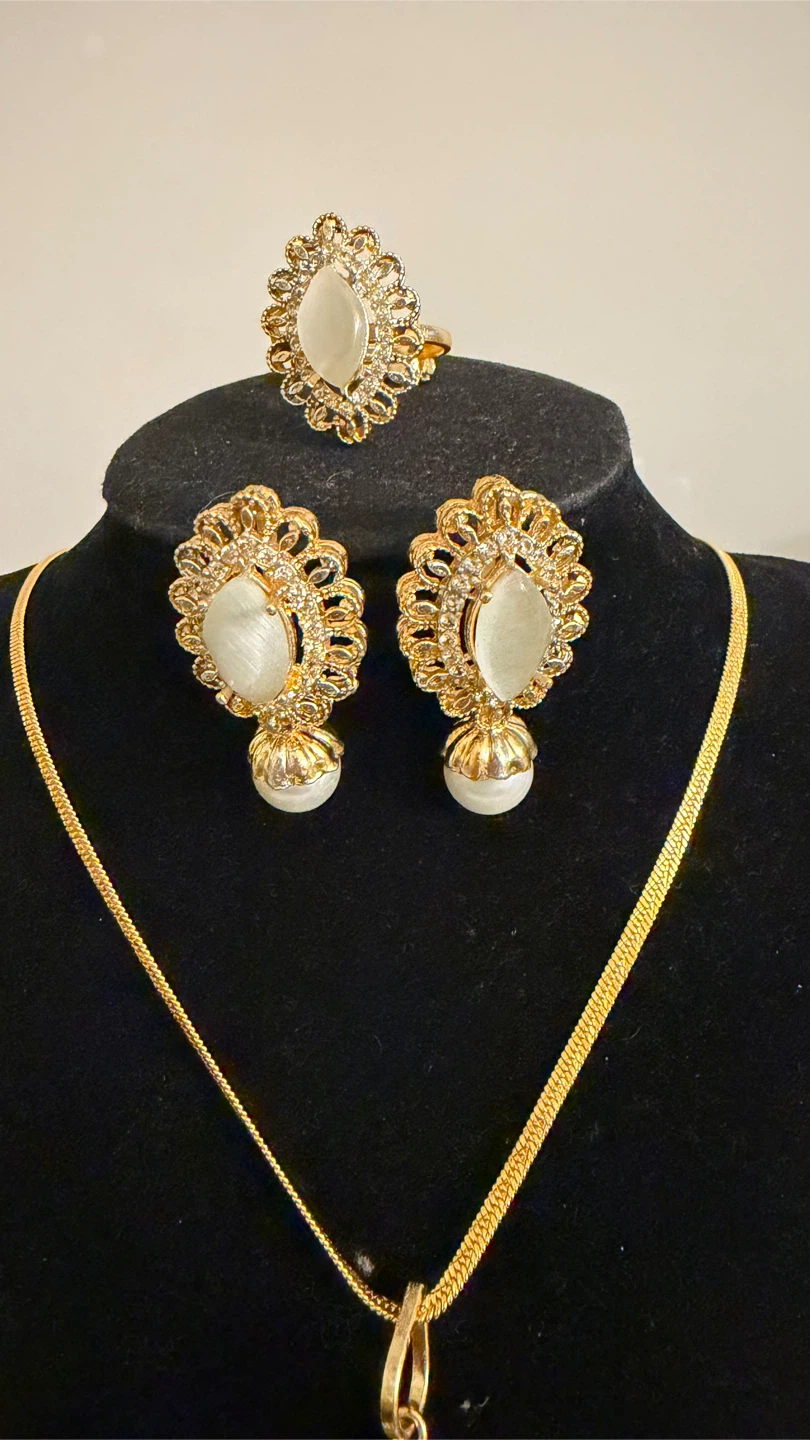 Gold Tone Necklace, Earrings, and Ring Set with White Stones - photo 3