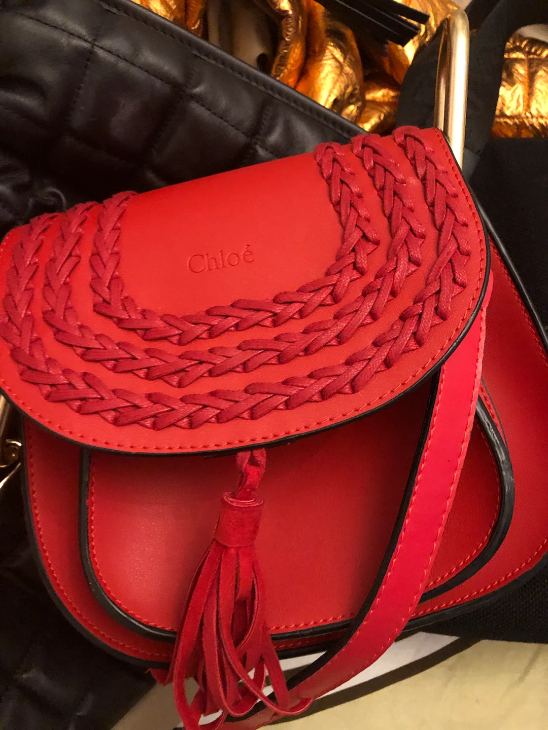 Chloé Red Leather Marcie Tassel Shoulder Bag