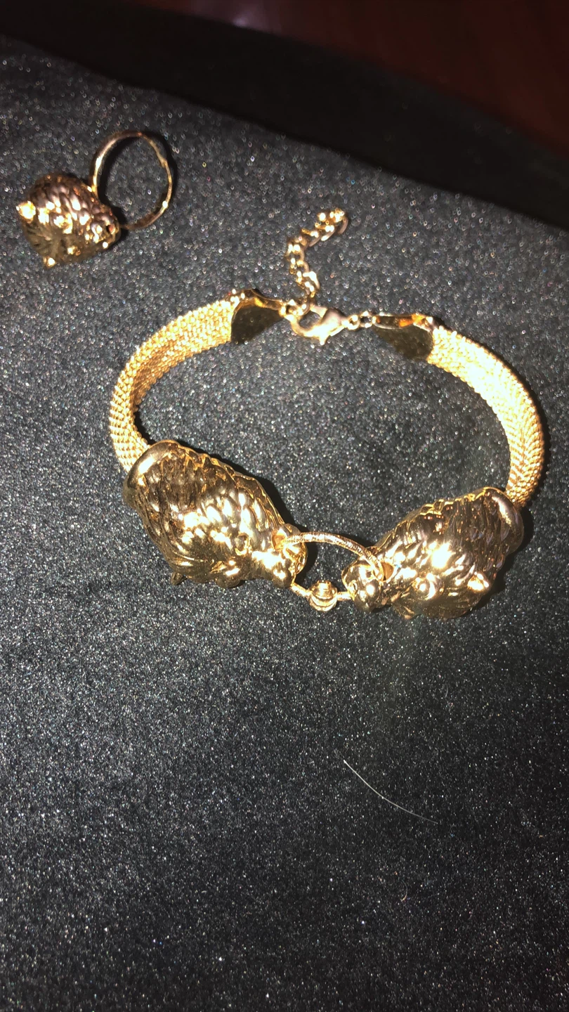 Gold plated tiger head ring and bracelet set