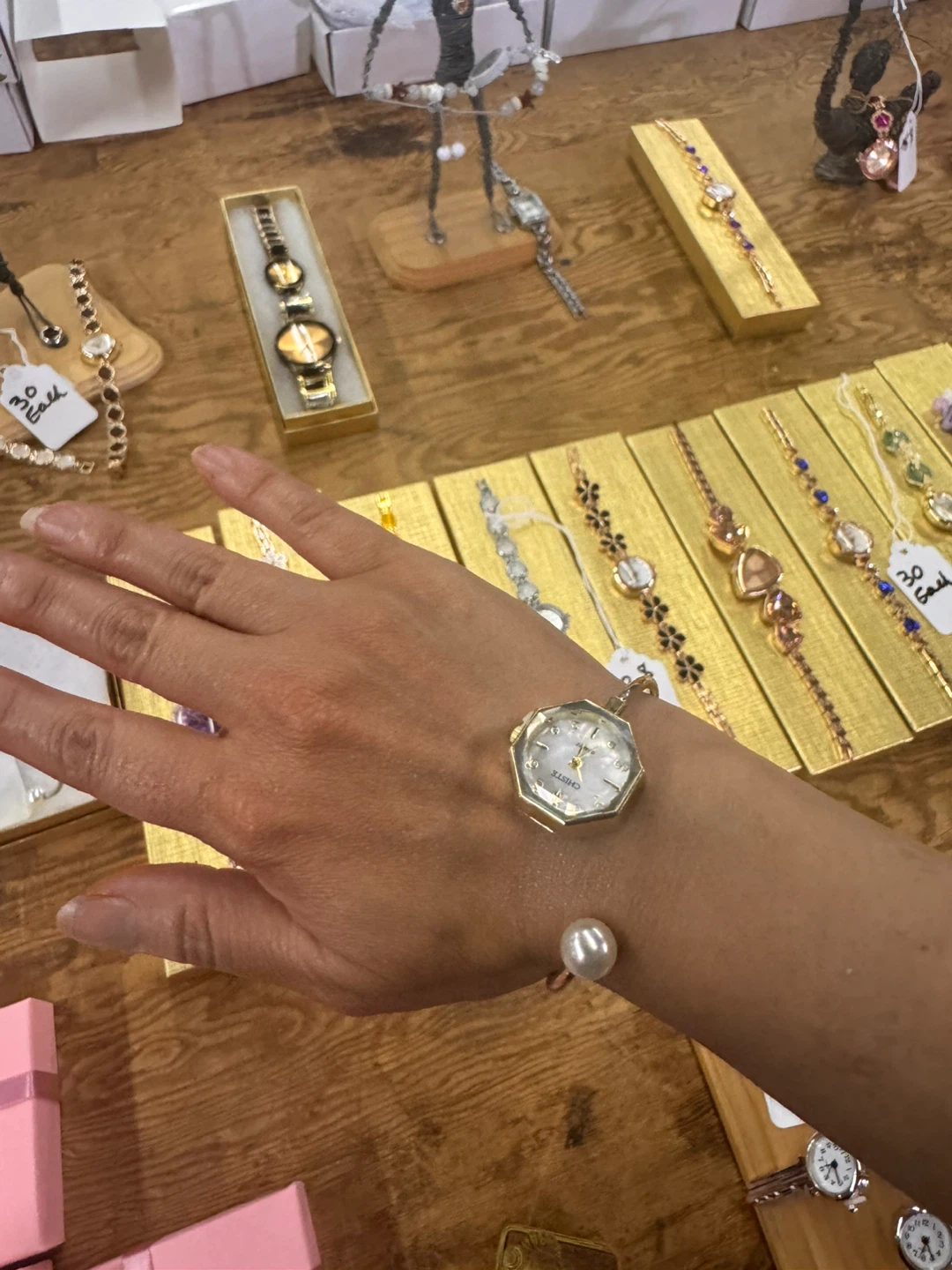 Gold-tone Octagonal Watch with Pearl Bracelet
