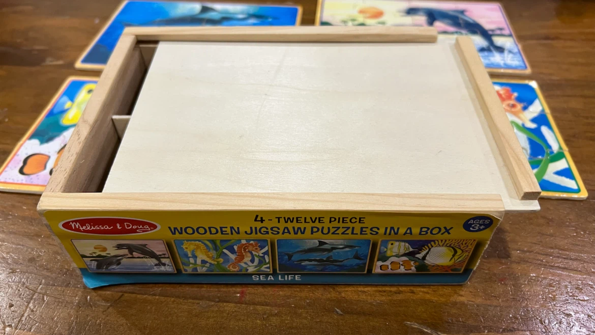 4-Twelve Piece Wooden Jigsaw Puzzles in a Box - Sea Life