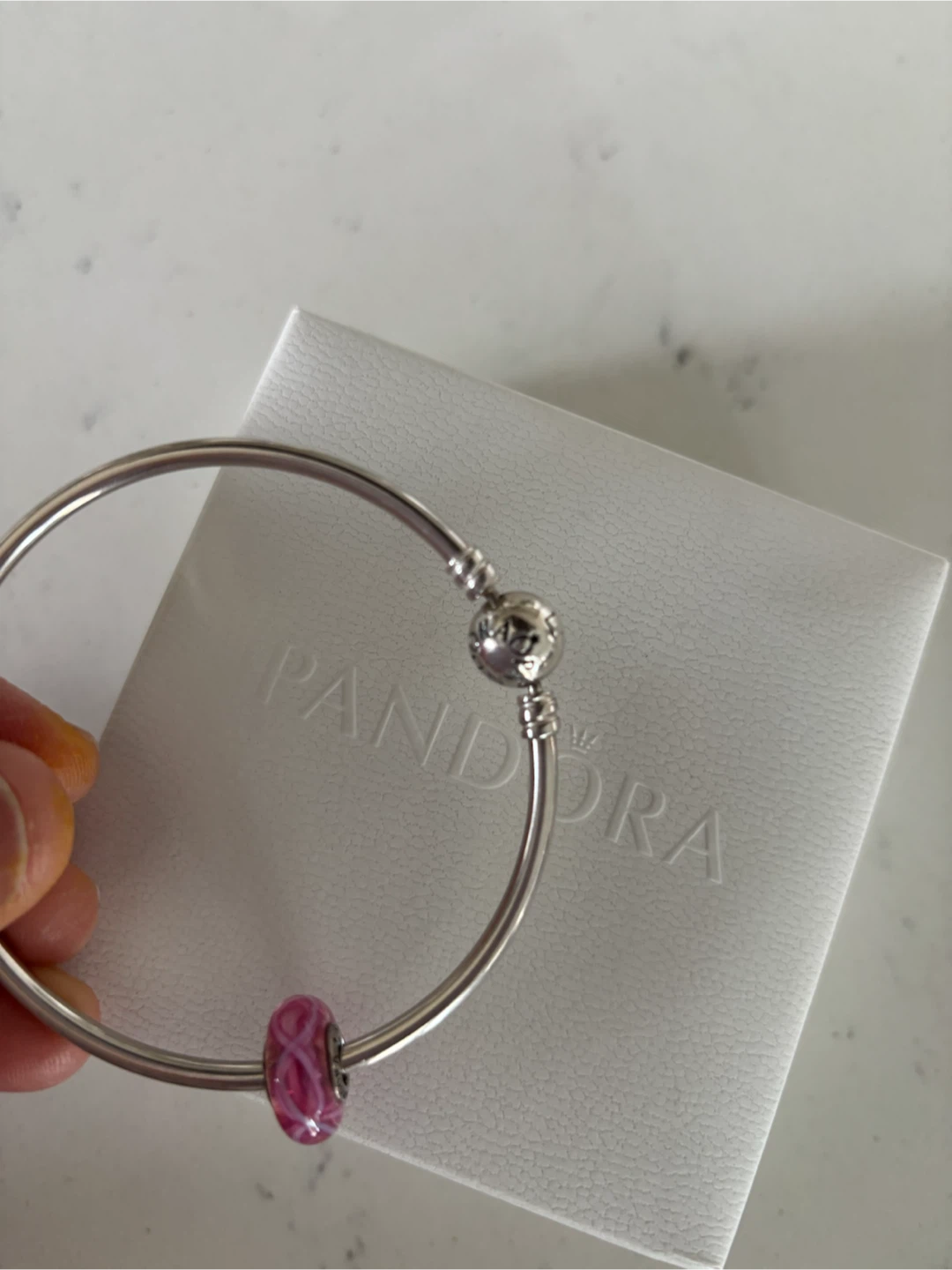 Pandora Silver Bangle Bracelet with Pink Charm - photo 2