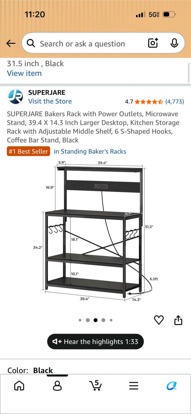 SUPERJARE Baker's Rack with Power Outlets - Black, 39.4 Inch - photo 2