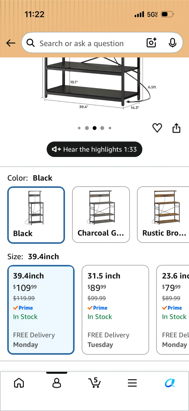 SUPERJARE Baker's Rack with Power Outlets - Black, 39.4 Inch - photo 3