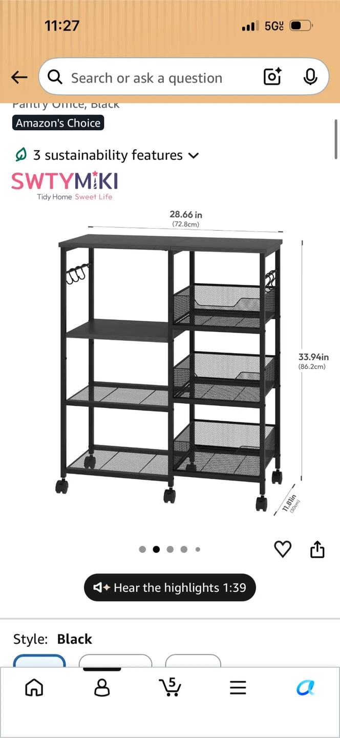 SWTYMIKI Black Rolling Kitchen Cart - photo 2