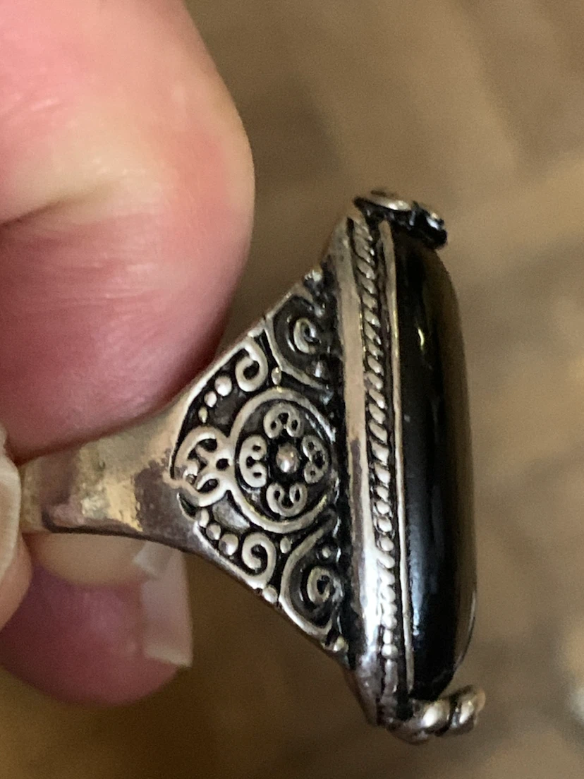 Silver-coloured oval black stone ring - photo 2