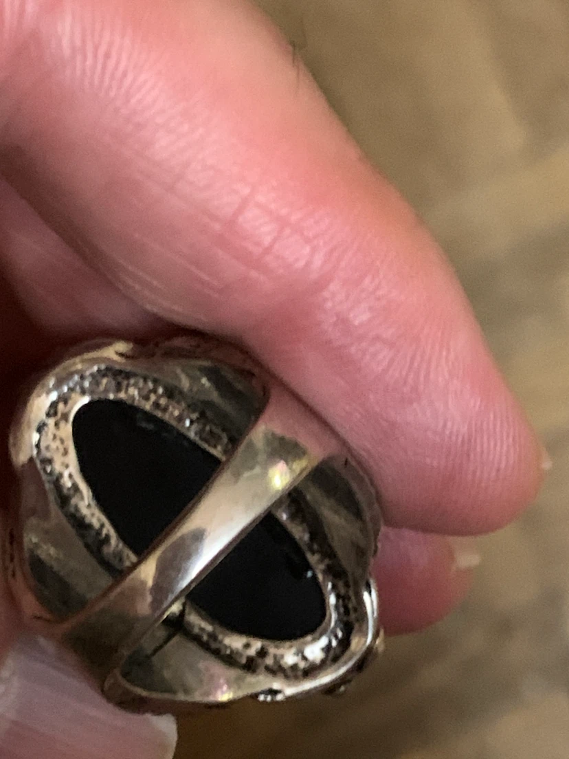 Silver-coloured oval black stone ring - photo 4