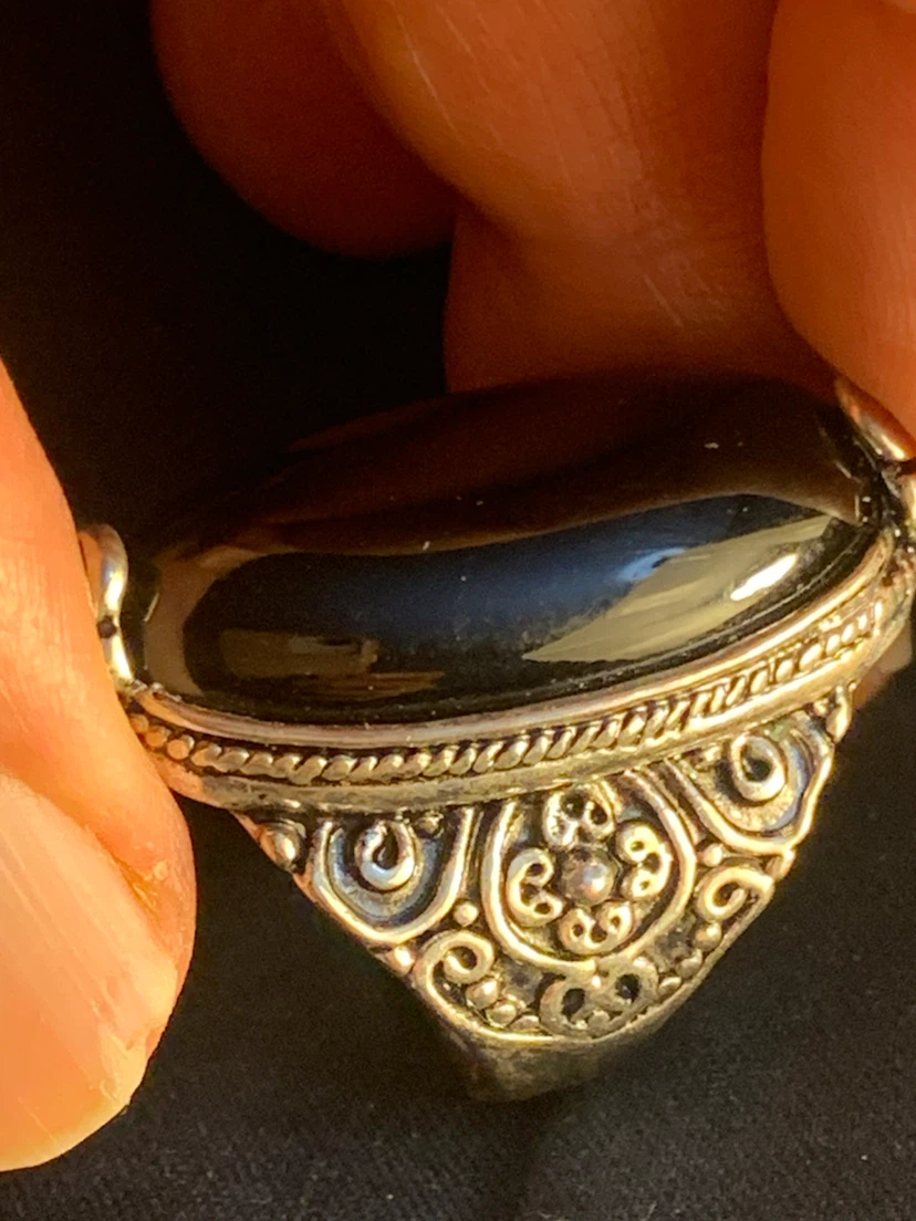 Silver-coloured oval black stone ring - photo 5