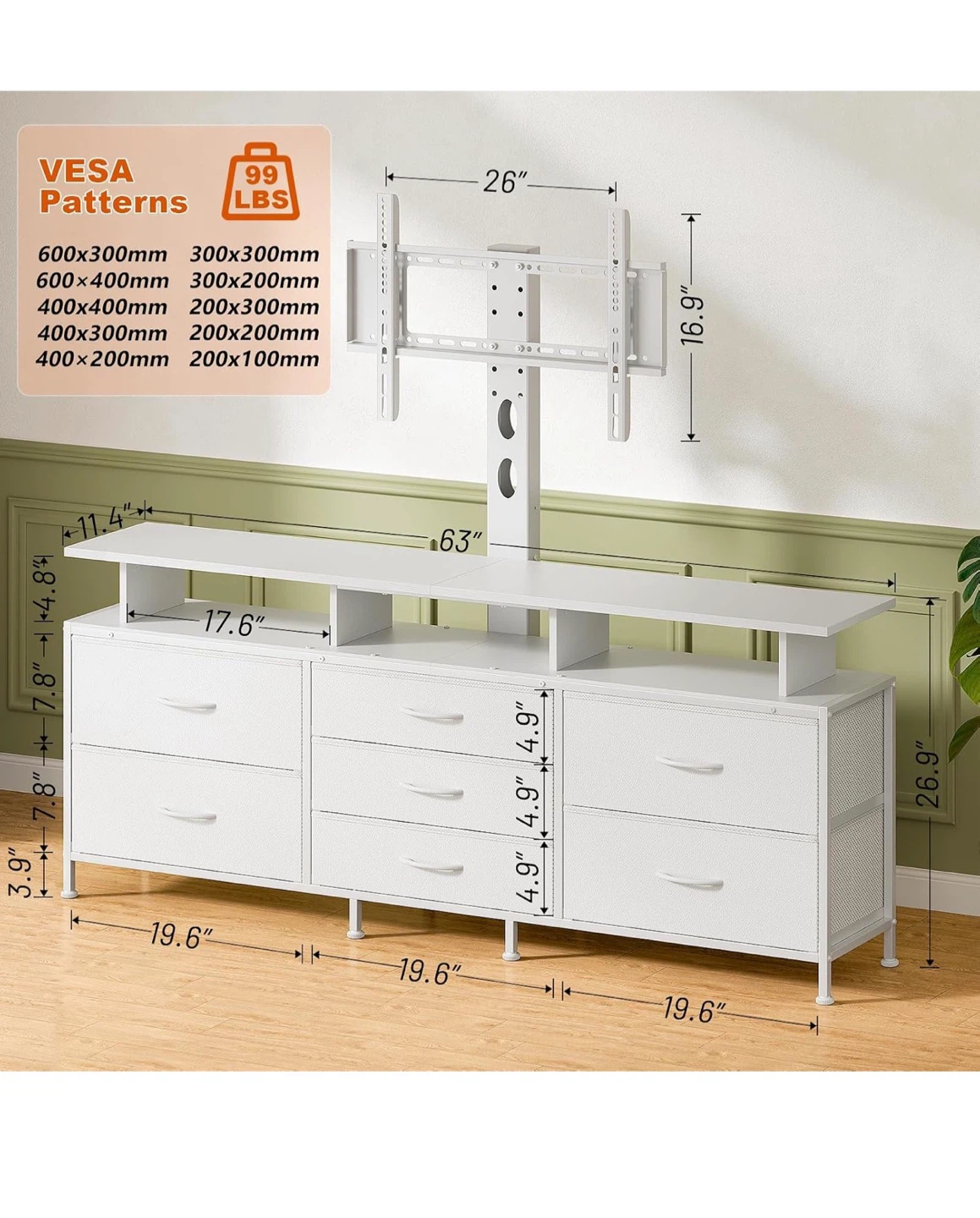 63 Inch White TV Stand with Mount for 32"-70" TVs - photo 3