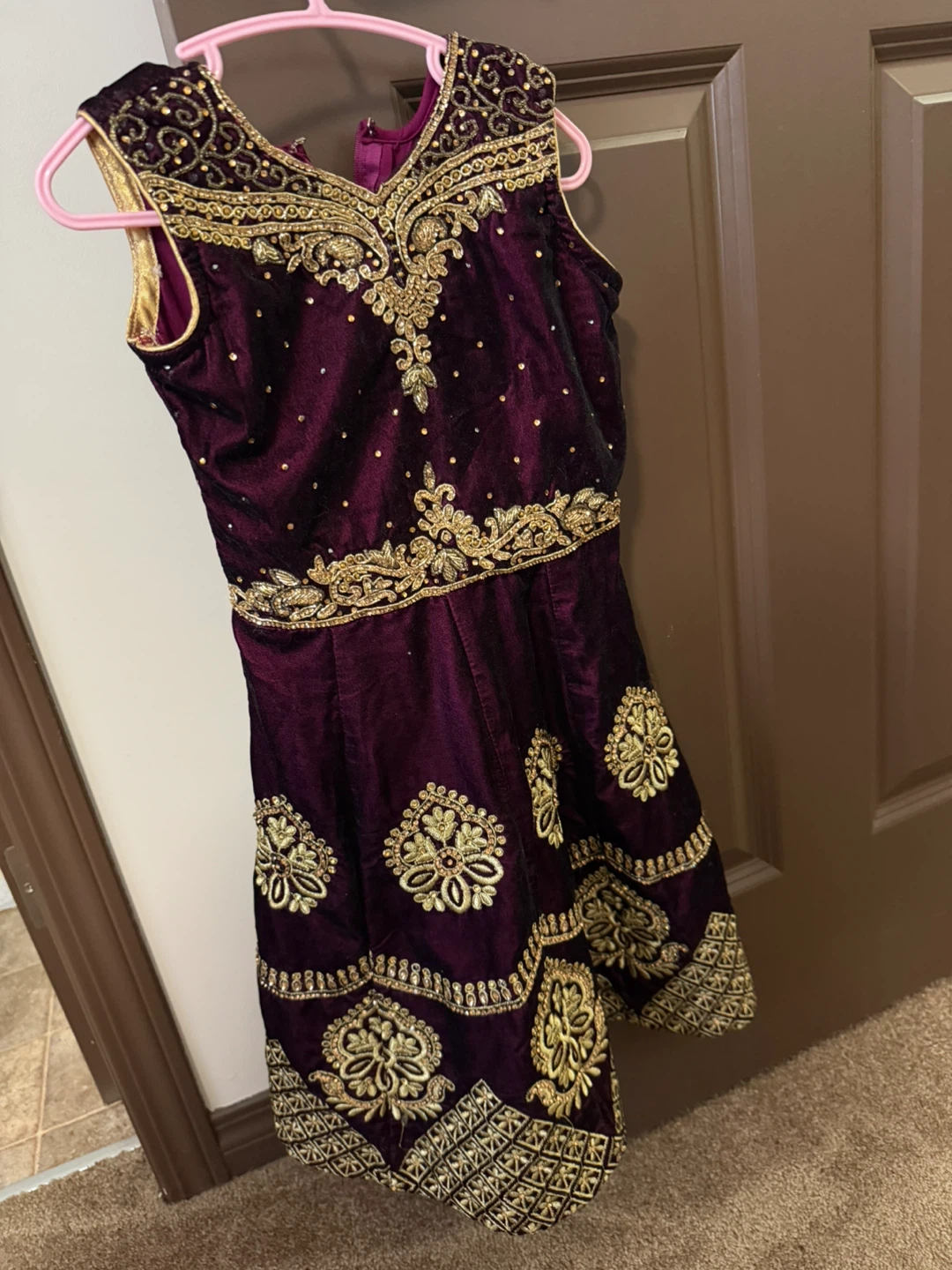 Girls' Purple Velvet Embroidered Dress
