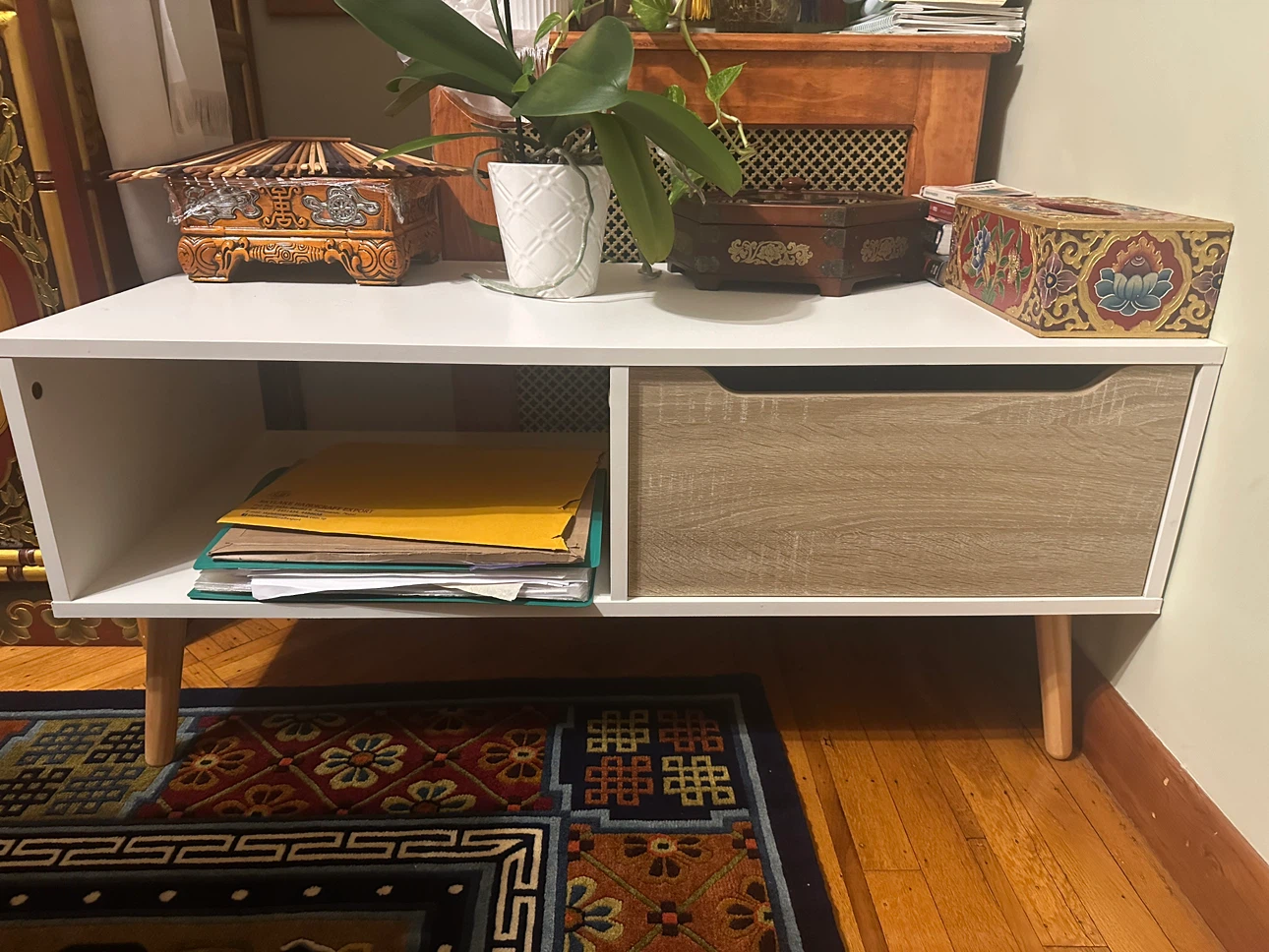 White and Wood Media living room table