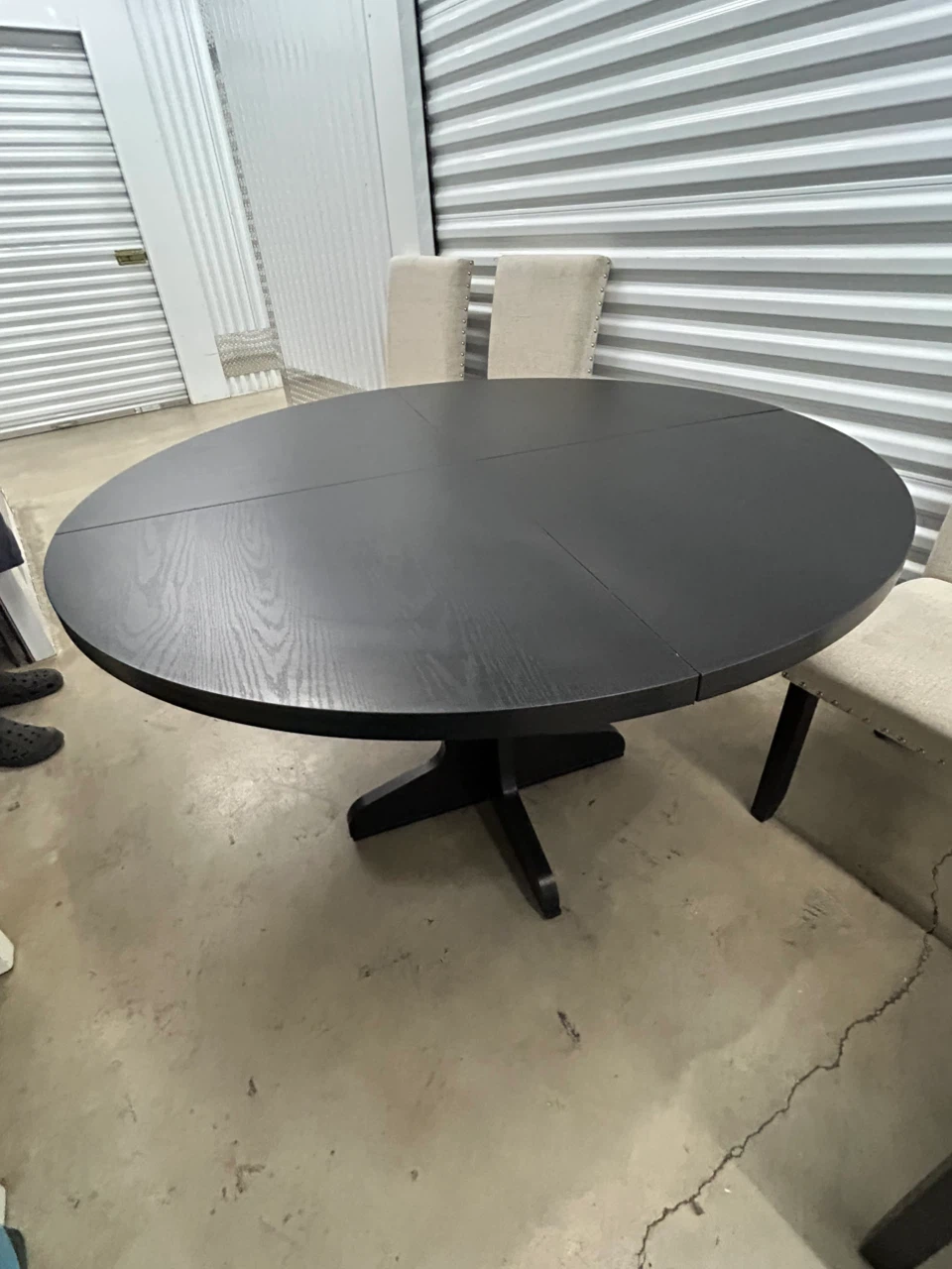 Round Black Dining Table with 4 Beige Upholstered Chairs - photo 2