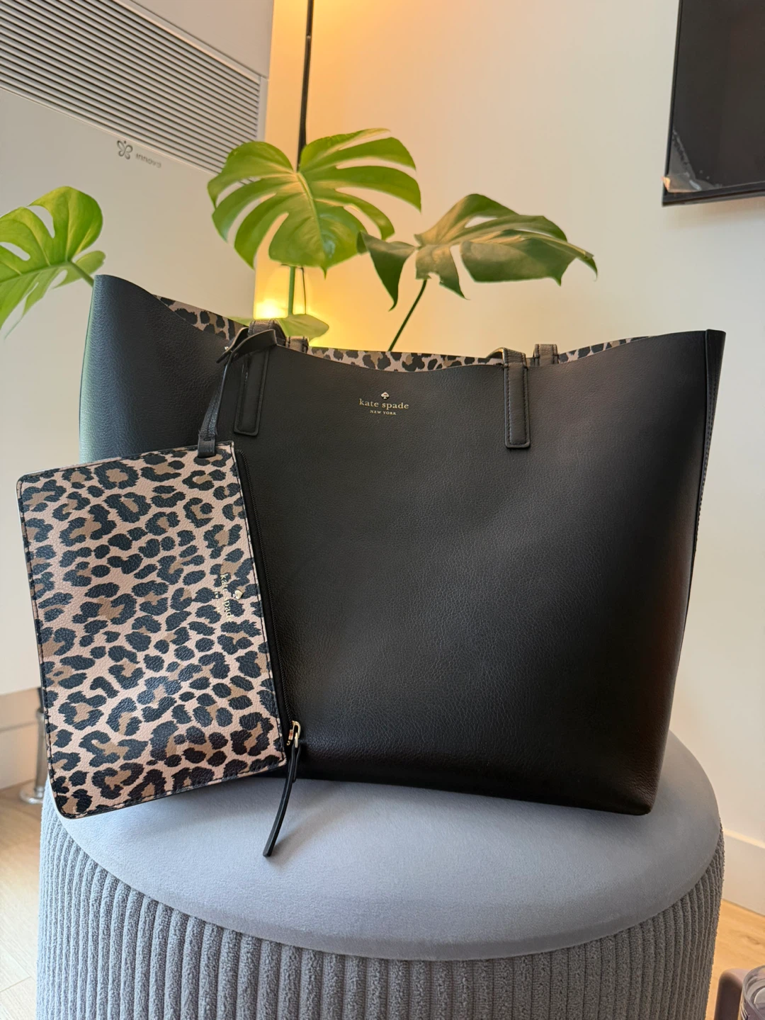 Kate Spade Black Tote Bag with Leopard Print Pouch