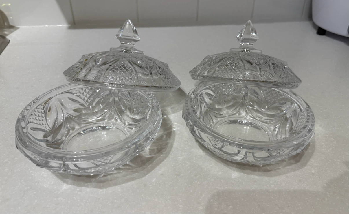 Set of 2 Clear Crystal Candy Dishes with Lids