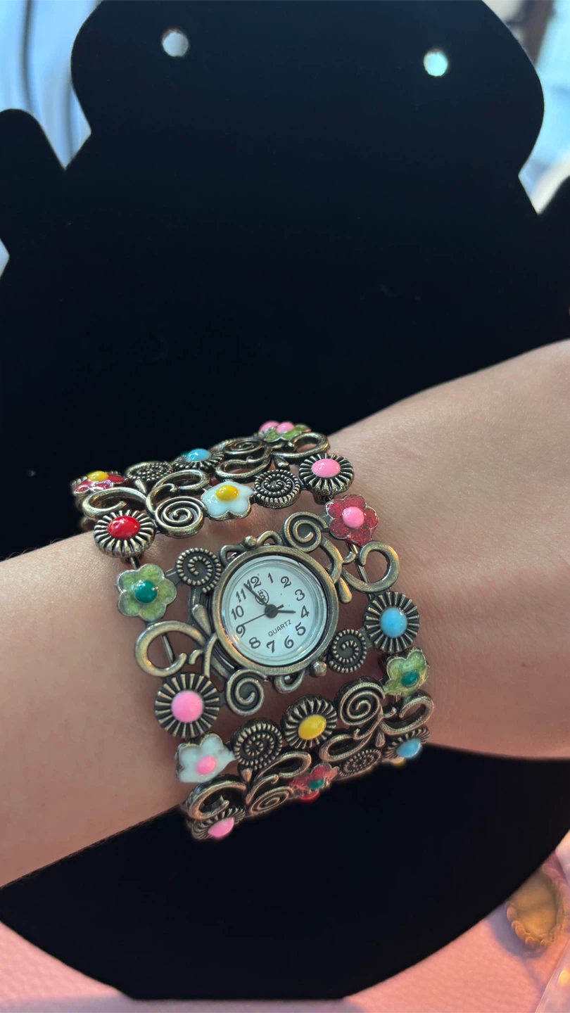 Cuff Watch Bracelet with Floral Design