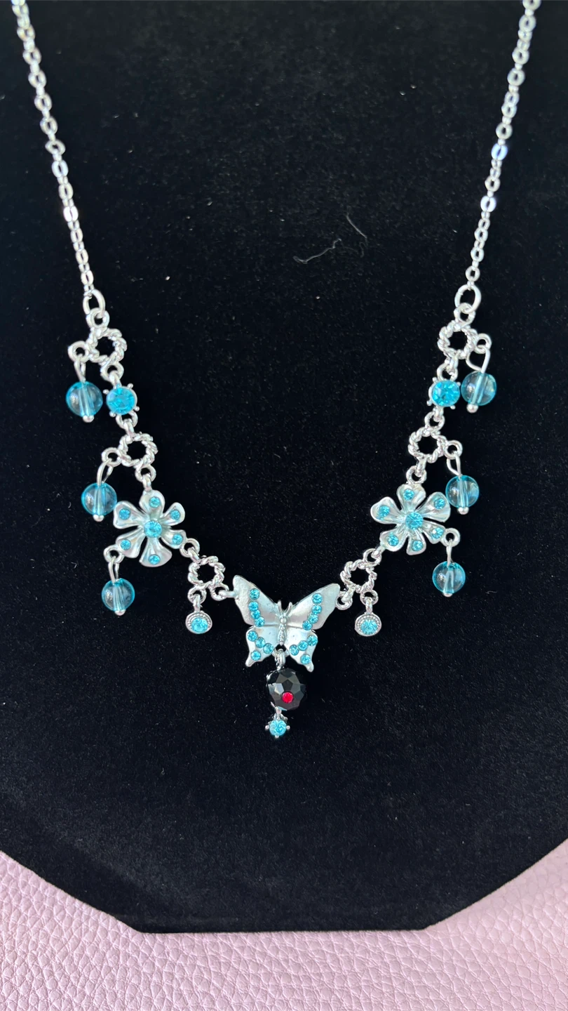Butterfly and Flower Necklace with Blue Beads