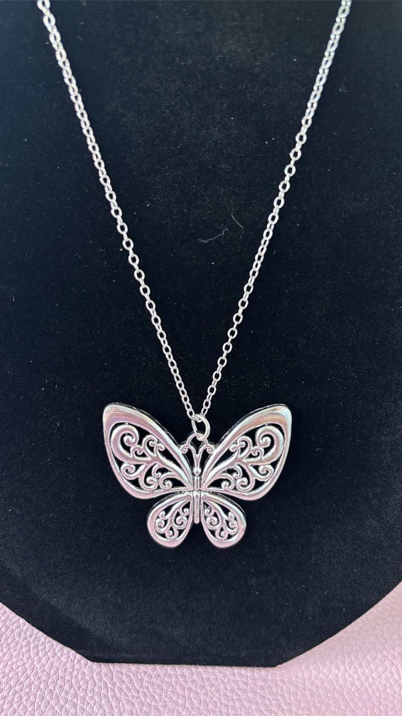 Silver Tone Filigree Butterfly Necklace