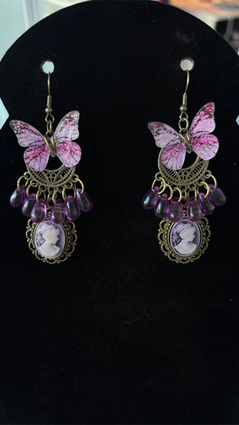 Purple Butterfly Cameo Dangle Earrings