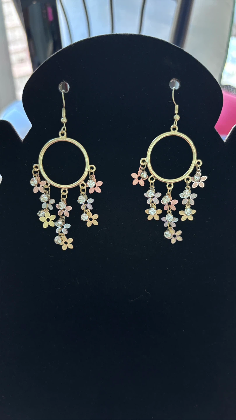 Gold Hoop Earrings with Flower Charms