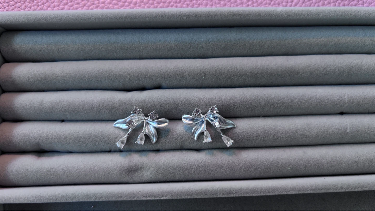 Silver Bow Drop Earrings with Crystals