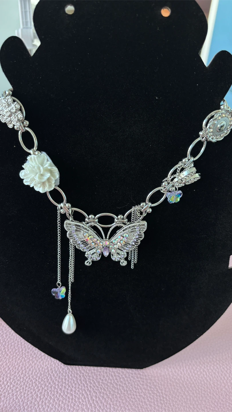 Silver Butterfly and Pearl Charm Necklace