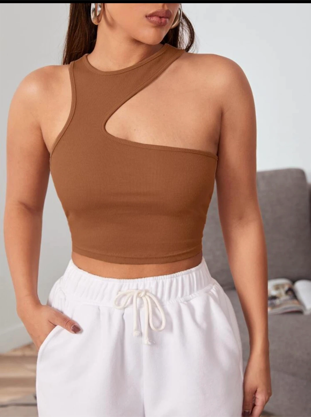 Brown Ribbed One-Shoulder Crop Top