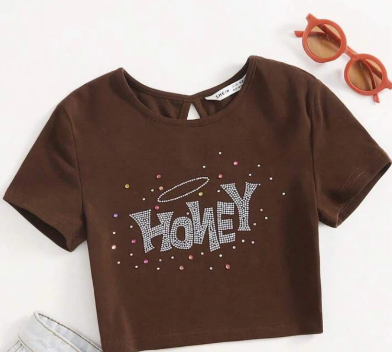 "HONEY" Rhinestone Crop Top - Brown
