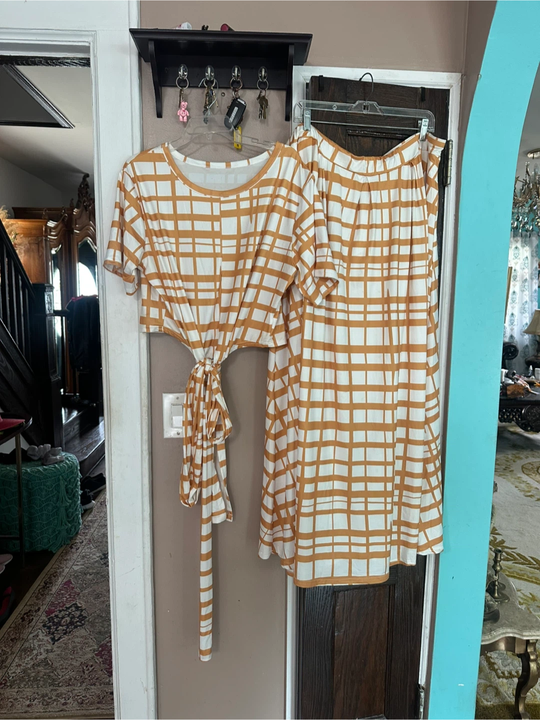 Tan and white grid pattern two piece set