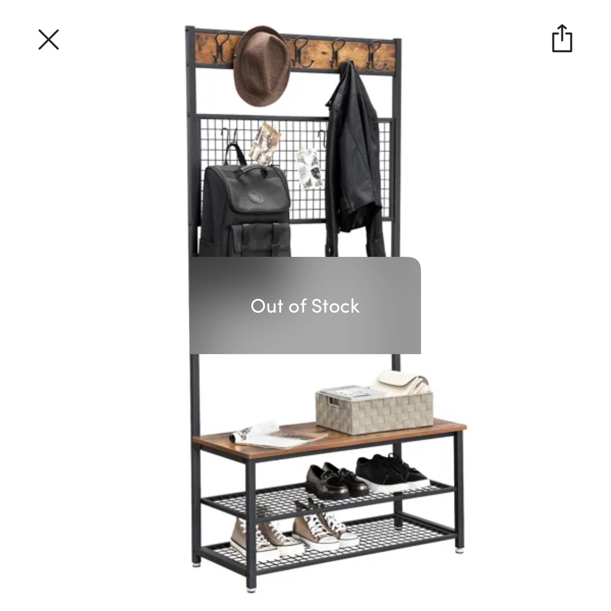 Industrial Hall Tree with Coat Hooks and Shoe Storage Bench