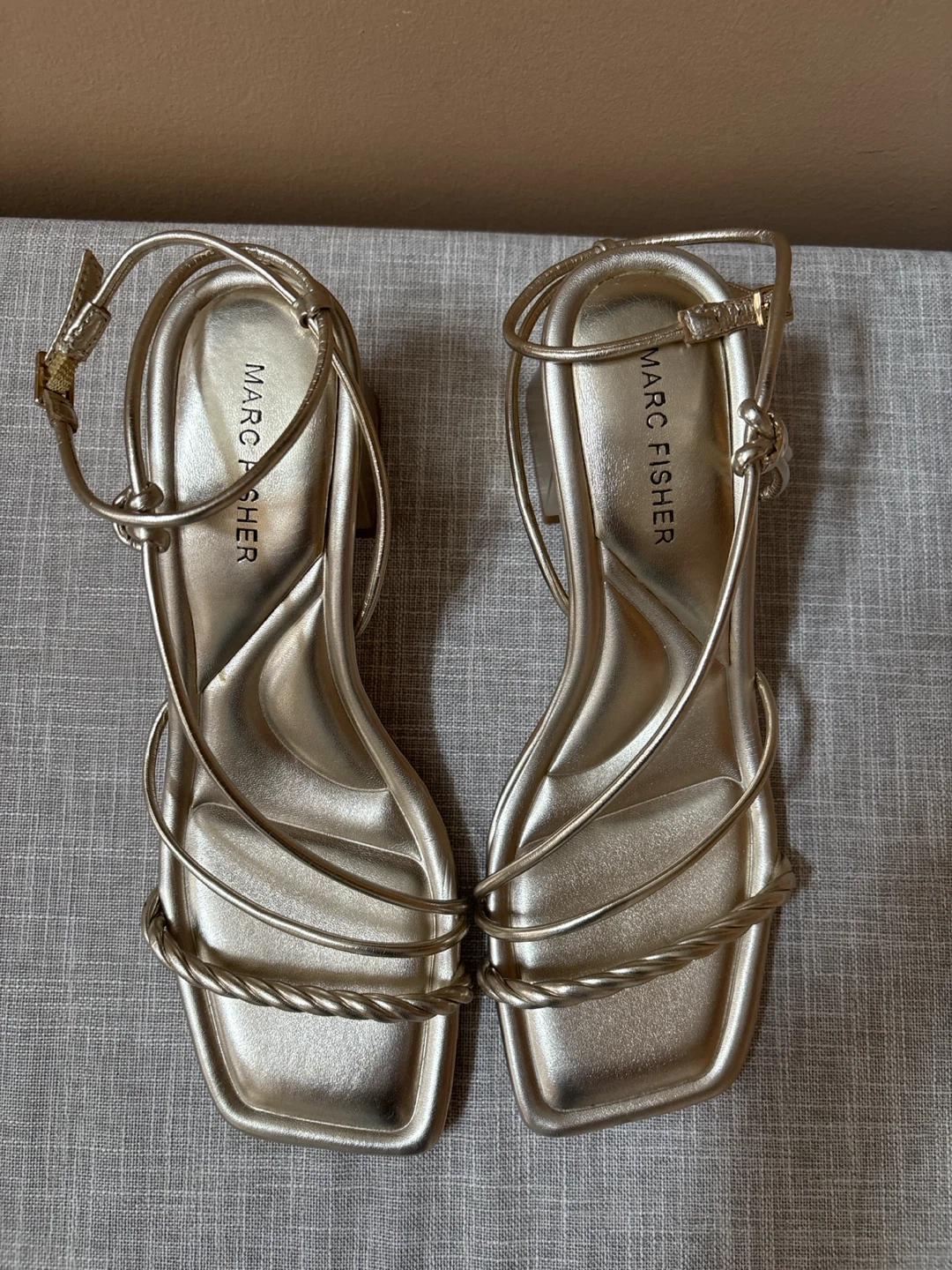 Marc Fisher Gold Strappy Square Toe Heeled Sandals
