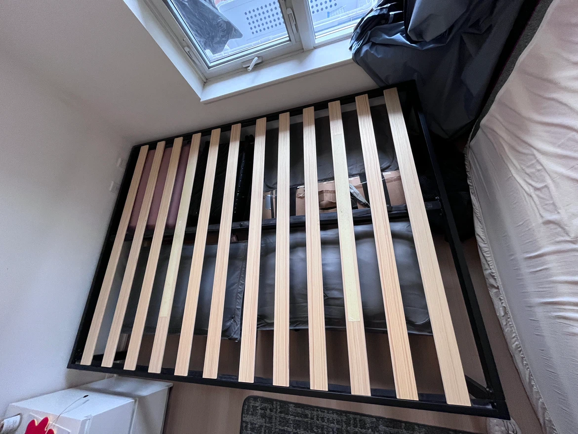 Wayfair Black Metal Queen Bed Frame with Wooden Slats